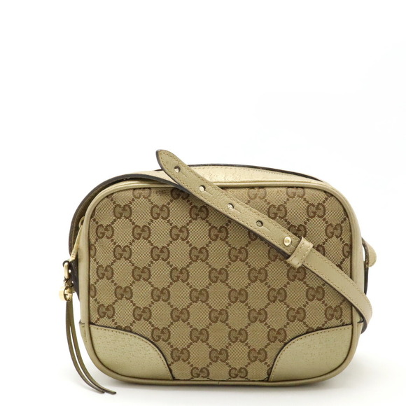 Gucci Shoulder Green Brie Leather Beige Canvas Bag Khaki Pochette GG - Picture 1 of 8